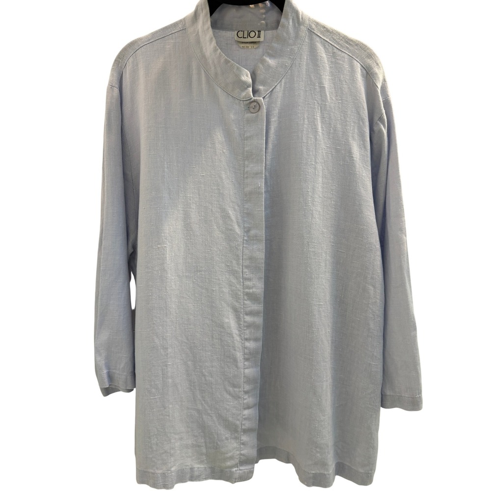 Clio II Light Blue 100% Linen Mandarin Collar Button Front Tunic Top 1X USA Made